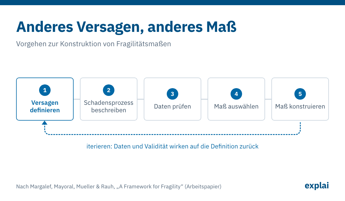 Fünf Schritte: Versagen definieren, Schadensprozess beschreiben, Daten prüfen, Maß auswählen, Maß konstruieren, mit einer Rückkopplung vom letzten zum ersten Schritt